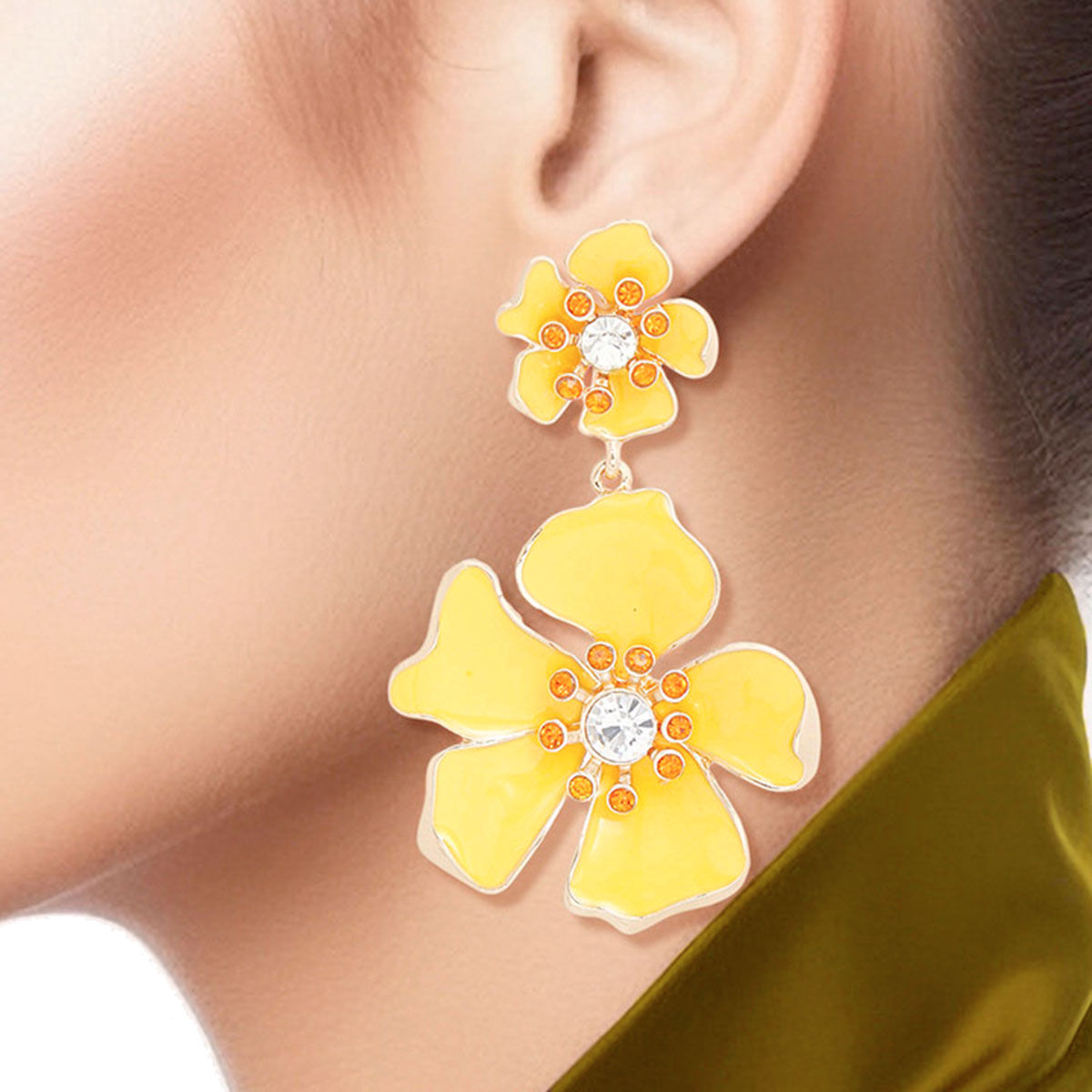 Women's Drop Earrings Gold Metal and Yellow Epoxy Tropical Flower Shaped Post Backing Earrings with Matching Larger Flower Drop Detail. Earrings Feature Rhinestone Center Detailing.