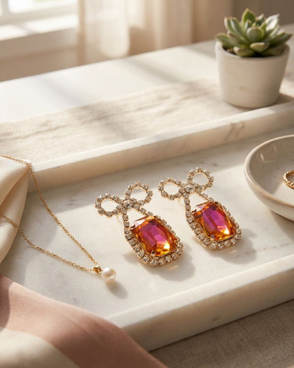 Dangle Date Night Purple Crystal Bow Earrings