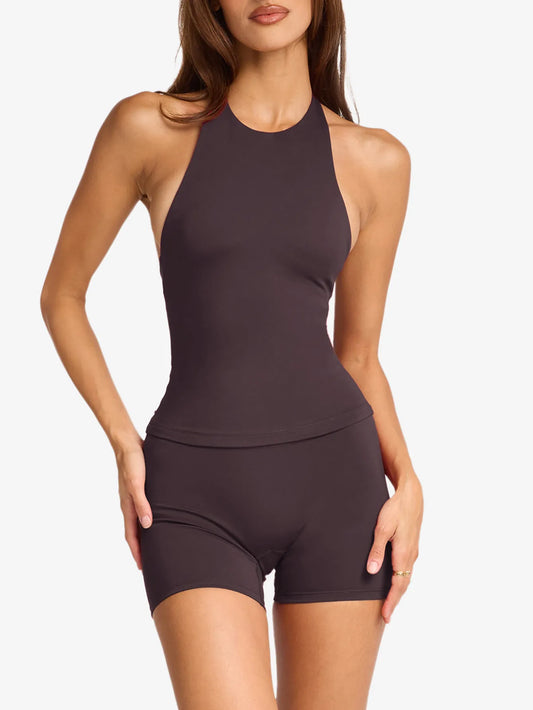 Dark Brown Top & Shorts. Fitness Clothing

Features: Basic style
Number of pieces: Two-piece
Stretch: Stretchy
Material composition:94% polyester，6% elastane
Care instructions: Machine wash cold. Tumble dry low.