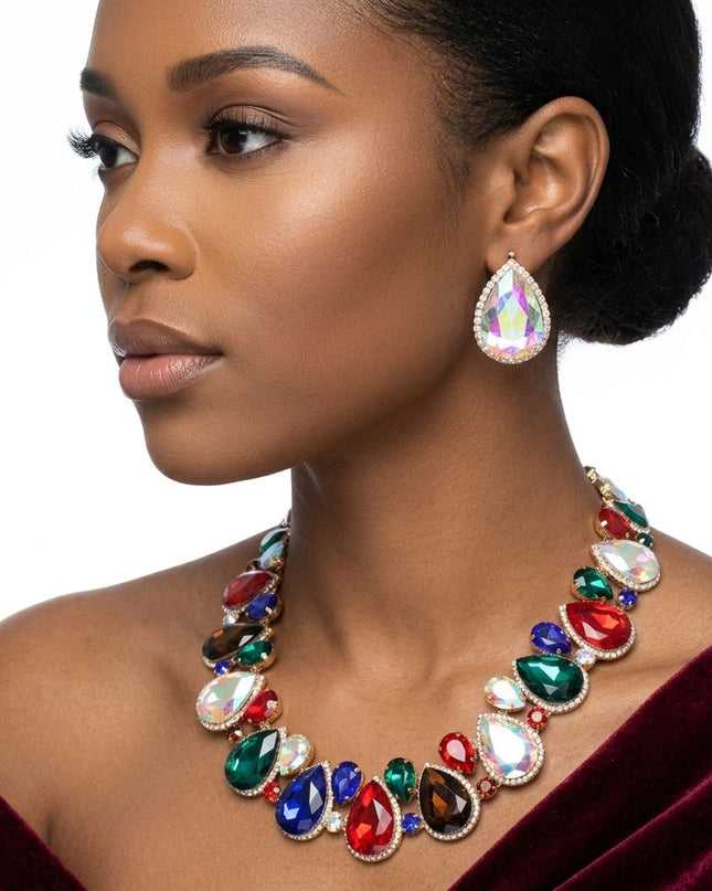 Dark Multi Glass Teardrop Crystal Collar Necklace