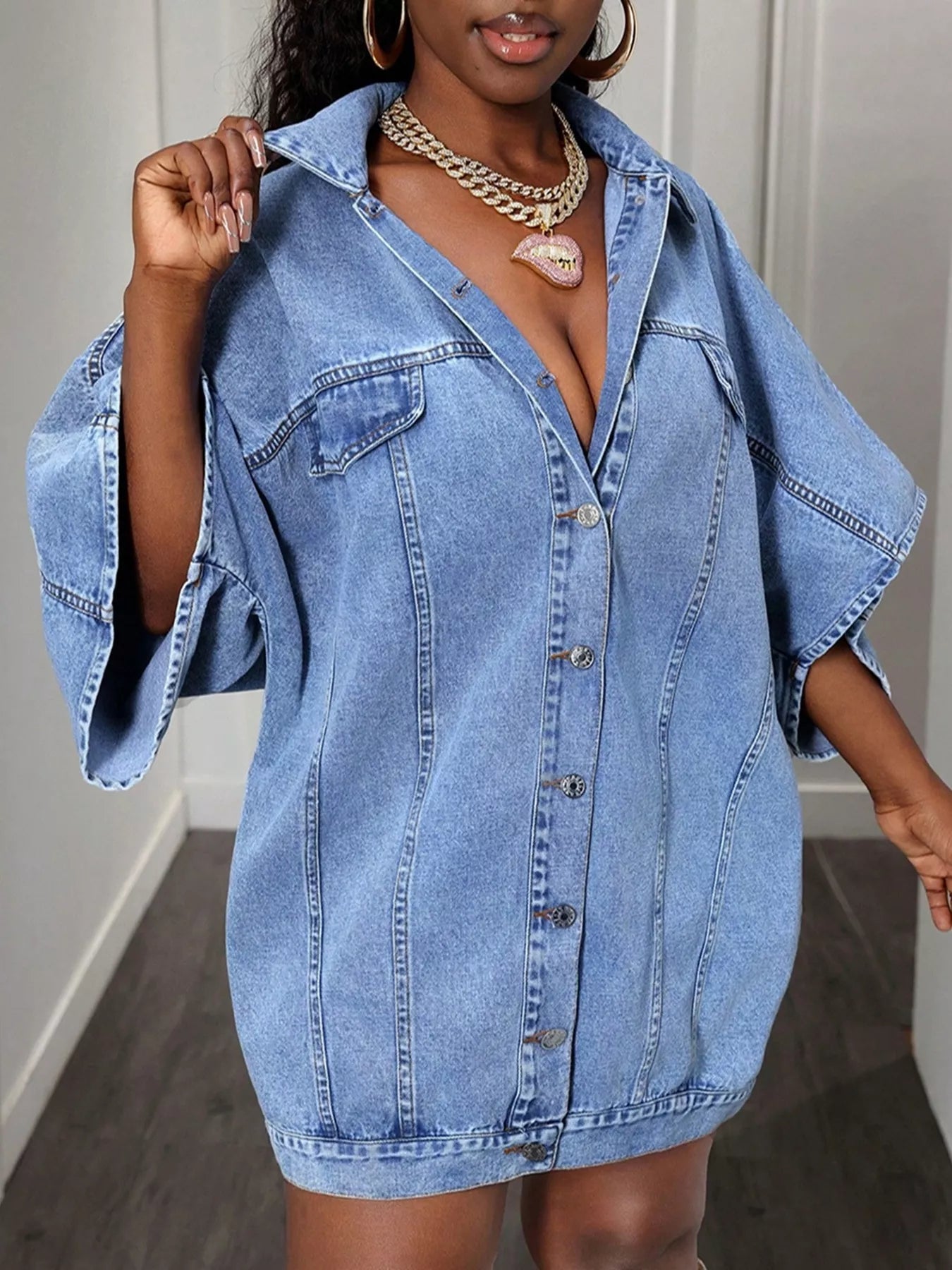 Blue denim top, or you can wear it with a dress with high boots
