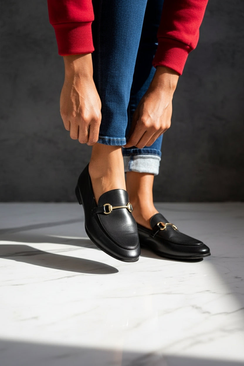 A close-up showing the skinny jeans' fabric.