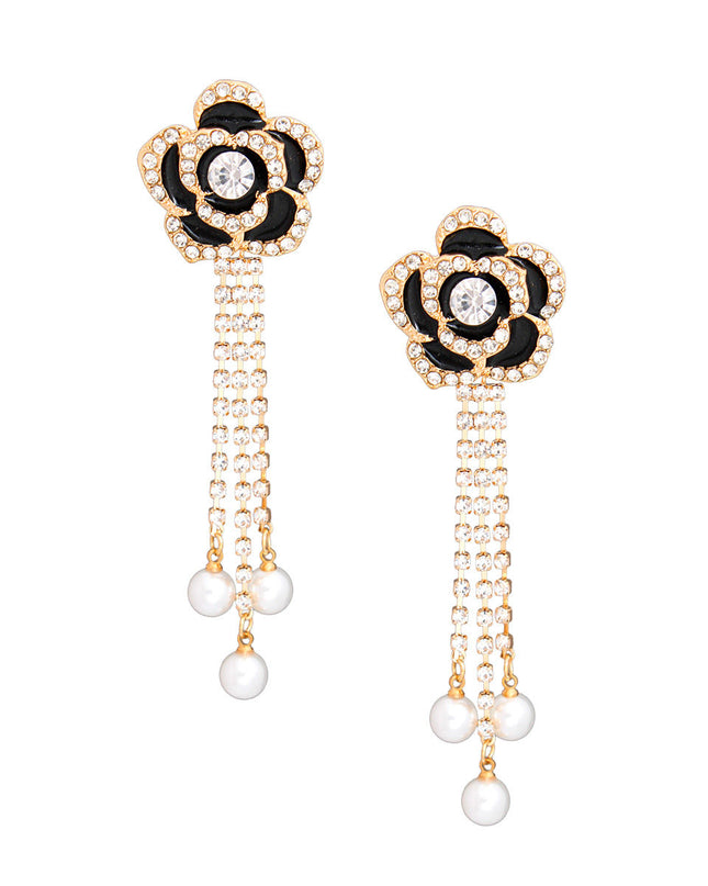 Drop Black Rose Pave Fringe Gold Earrings Women