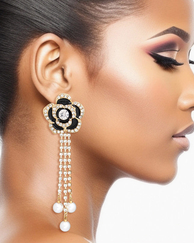 Women's Drop Earrings Gold Metal and Black Epoxy Rose Flower Earrings Featuring Rhinestone Edge Detailing and Rhinestone Fringe Drop with Pearl Ends. Post Backing.