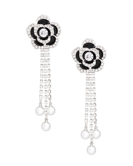 Women's Drop Earrings Silver Metal and Black Epoxy Rose Flower Earrings Featuring Rhinestone Edge Detailing and Rhinestone Fringe Drop with Pearl Ends. Post Backing.