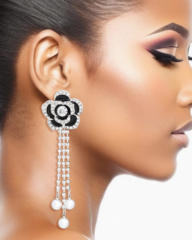 Women's Drop Earrings Silver Metal and Black Epoxy Rose Flower Earrings Featuring Rhinestone Edge Detailing and Rhinestone Fringe Drop with Pearl Ends. Post Backing.