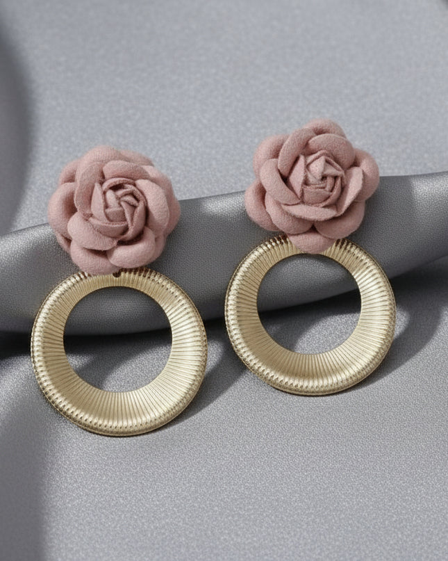 Drop Pale Pink Rose Felt Petal Ribbed Ring Earrings