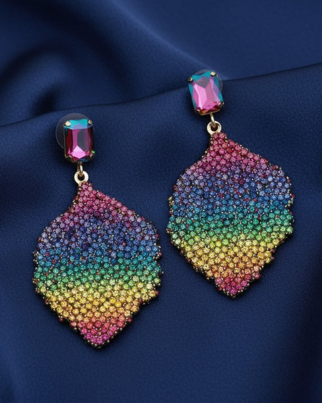 Women's Drop Earrings. Big Sparkle Energy Statement Earrings. Multicolor Radiant Crystal Set in Gold Metal Stud Earrings Featuring Drop Natural Leaf Shaped Detail Encrusted with Sparkling Rainbow Color Pattern Rhinestones. 
