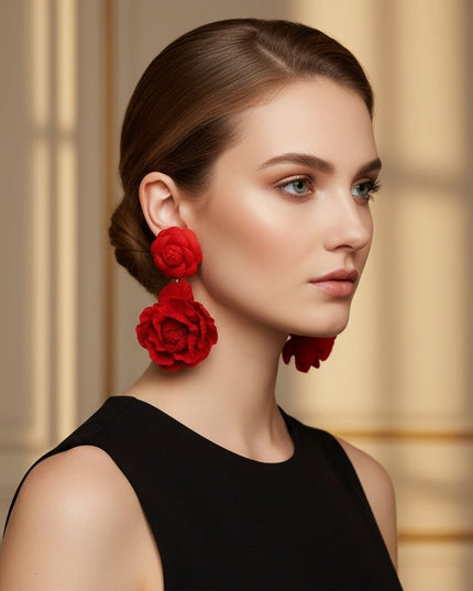 Women's Drop Earrings. Lightweight, Vibrant and Playful Drop Earrings Featuring Two Roses with Layered Red Felt Fabric Petals and Dimensional Floral Design. 