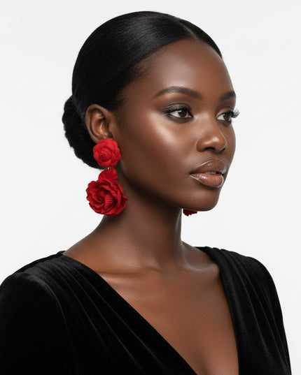 Women's Drop Earrings. Lightweight, Vibrant and Playful Drop Earrings Featuring Two Roses with Layered Red Felt Fabric Petals and Dimensional Floral Design. 