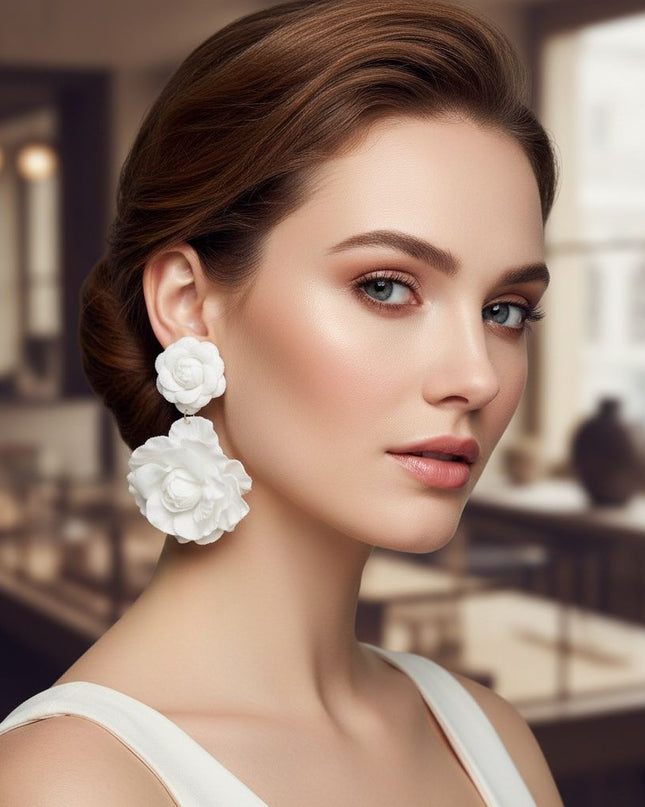 Women's Drop Earrings. Lightweight, Vibrant, and Playful Drop Earrings Featuring Two Roses with Layered White Felt Fabric Petals and Dimensional Floral Design. Post Backing.