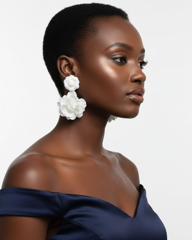 Women's Drop Earrings. Lightweight, Vibrant, and Playful Drop Earrings Featuring Two Roses with Layered White Felt Fabric Petals and Dimensional Floral Design. Post Backing.