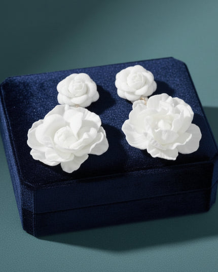 Women's Drop Earrings. Lightweight, Vibrant, and Playful Drop Earrings Featuring Two Roses with Layered White Felt Fabric Petals and Dimensional Floral Design. Post Backing.