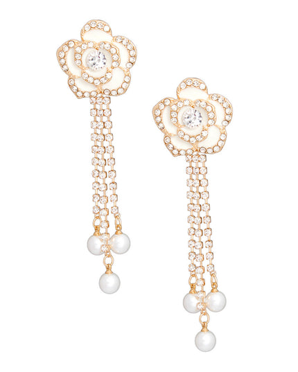 Women's Drop Earrings Gold Metal and White Epoxy Rose Flower Earrings Featuring Rhinestone Edge Detailing and Rhinestone Fringe Drop with Pearl Ends. Post Backing.