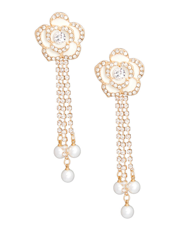 Women's Drop Earrings Gold Metal and White Epoxy Rose Flower Earrings Featuring Rhinestone Edge Detailing and Rhinestone Fringe Drop with Pearl Ends. Post Backing.