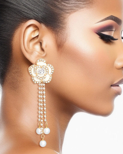 Women's Drop Earrings Gold Metal and White Epoxy Rose Flower Earrings Featuring Rhinestone Edge Detailing and Rhinestone Fringe Drop with Pearl Ends. Post Backing.