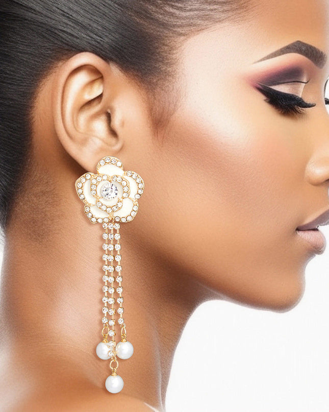 Women's Drop Earrings Gold Metal and White Epoxy Rose Flower Earrings Featuring Rhinestone Edge Detailing and Rhinestone Fringe Drop with Pearl Ends. Post Backing.