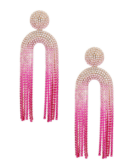 Women's Long Fringe Earrings Glam Gold Metal with Clear to Pink Ombre Gradient Pave Rhinestones Round Stud Earrings with Drop Arched Fringe Tassel Detail. Post Backing.