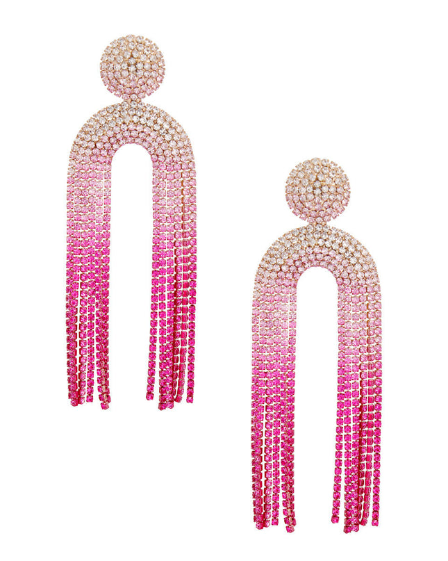Women's Long Fringe Earrings Glam Gold Metal with Clear to Pink Ombre Gradient Pave Rhinestones Round Stud Earrings with Drop Arched Fringe Tassel Detail. Post Backing.