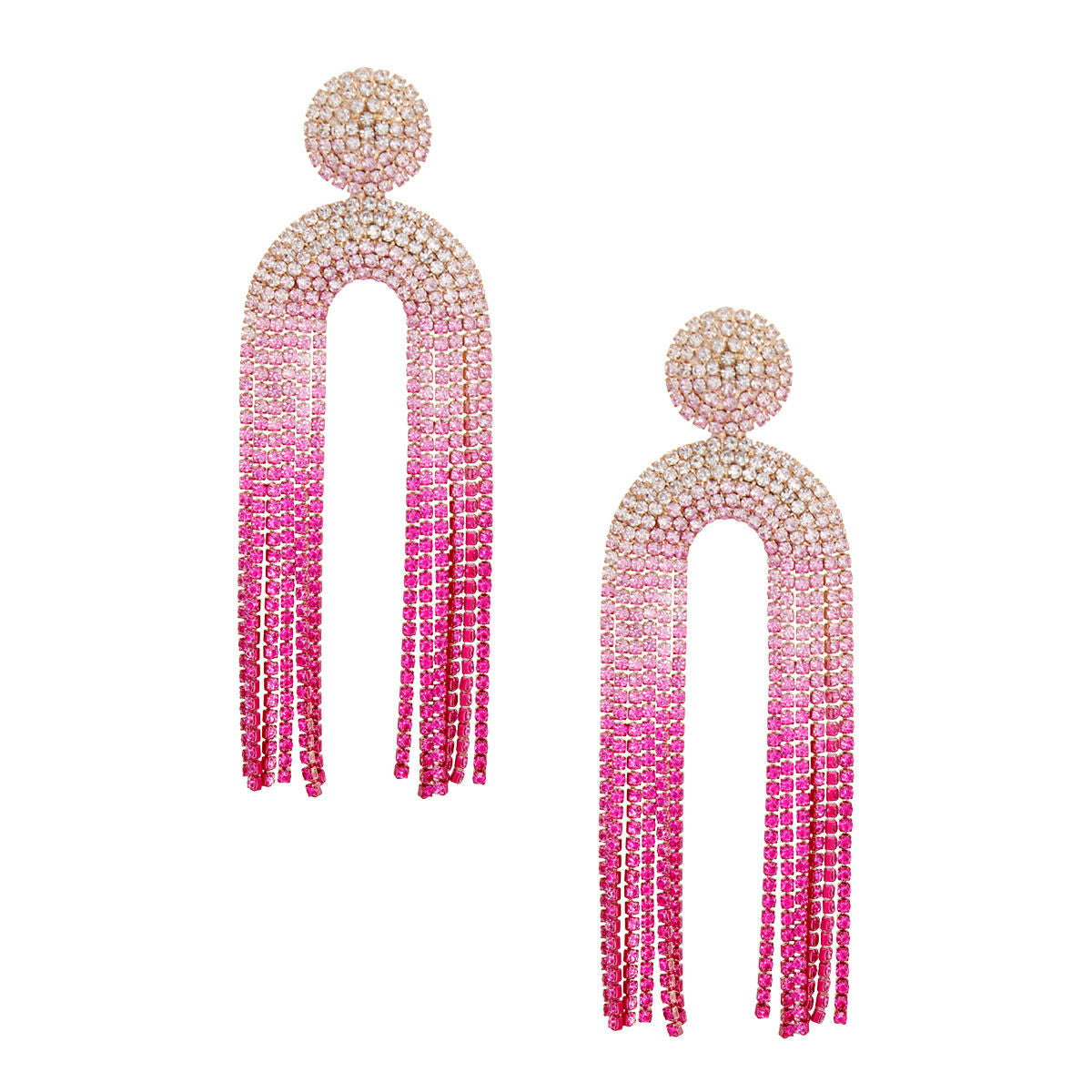 Women's Long Fringe Earrings Glam Gold Metal with Clear to Pink Ombre Gradient Pave Rhinestones Round Stud Earrings with Drop Arched Fringe Tassel Detail. Post Backing.