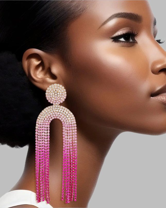 Women's Long Fringe Earrings Glam Gold Metal with Clear to Pink Ombre Gradient Pave Rhinestones Round Stud Earrings with Drop Arched Fringe Tassel Detail. Post Backing.