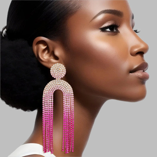 Women's Long Fringe Earrings Glam Gold Metal with Clear to Pink Ombre Gradient Pave Rhinestones Round Stud Earrings with Drop Arched Fringe Tassel Detail. Post Backing.