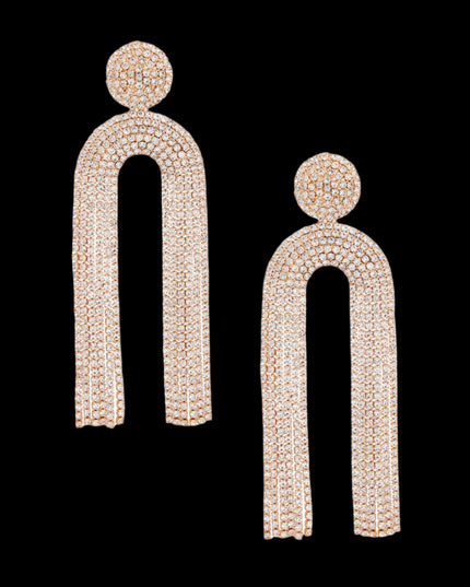 Women's Long Fringe Earrings Glam Gold Metal with Clear Pave Rhinestones Round Stud Earrings with Drop Arched Fringe Tassel Detail. Post Backing.