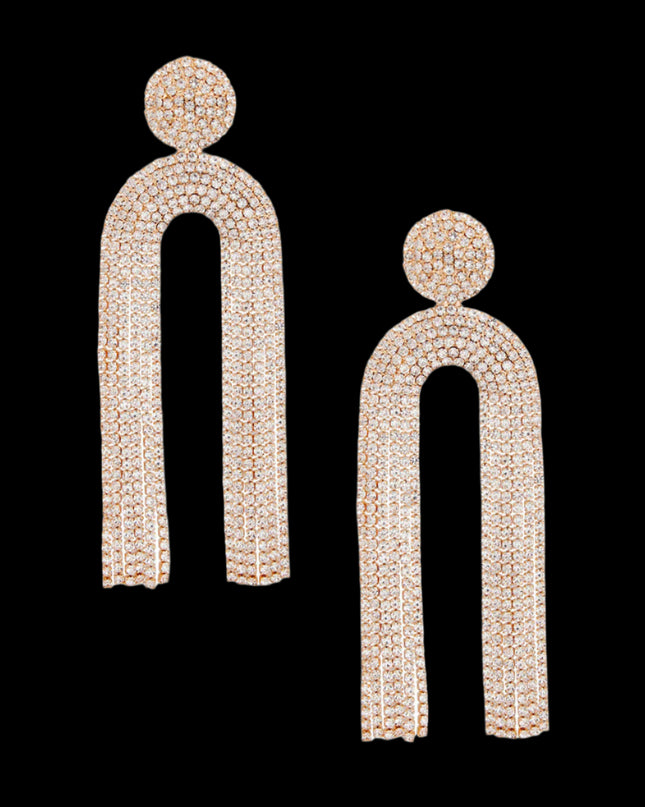 Women's Long Fringe Earrings Glam Gold Metal with Clear Pave Rhinestones Round Stud Earrings with Drop Arched Fringe Tassel Detail. Post Backing.