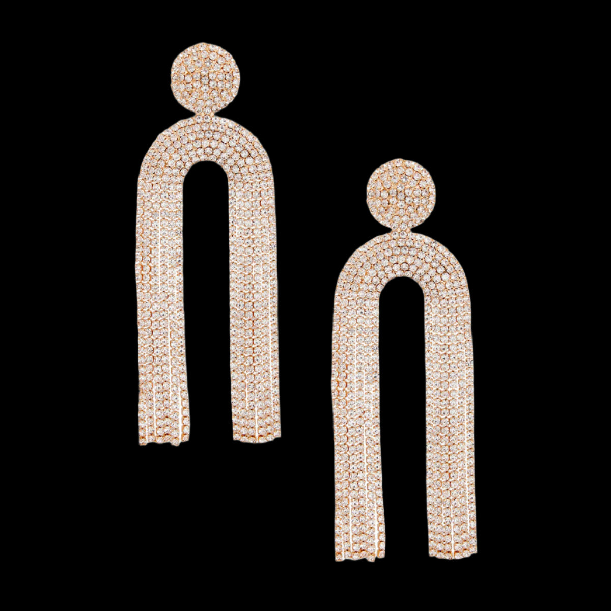 Women's Long Fringe Earrings Glam Gold Metal with Clear Pave Rhinestones Round Stud Earrings with Drop Arched Fringe Tassel Detail. Post Backing.
