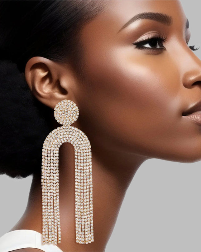 Women's Long Fringe Earrings Glam Gold Metal with Clear Pave Rhinestones Round Stud Earrings with Drop Arched Fringe Tassel Detail. Post Backing.
