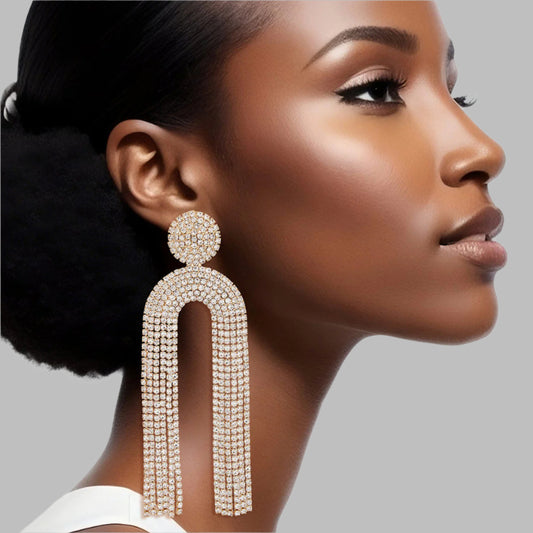 Women's Long Fringe Earrings Glam Gold Metal with Clear Pave Rhinestones Round Stud Earrings with Drop Arched Fringe Tassel Detail. Post Backing.
