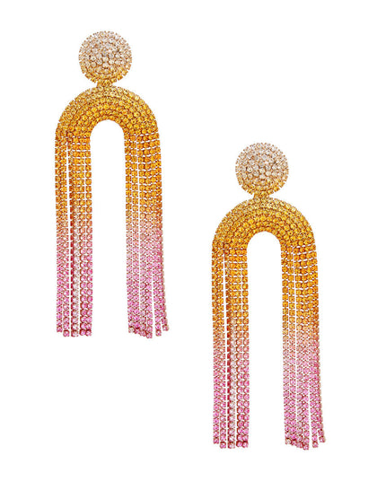 Women's Long Fringe Earrings Glam Sunset Gold Metal with Clear, Yellow, to Pink Ombre Gradient Pave Rhinestones Round Stud Earrings with Drop Arched Fringe Tassel Detail. Post Backing.