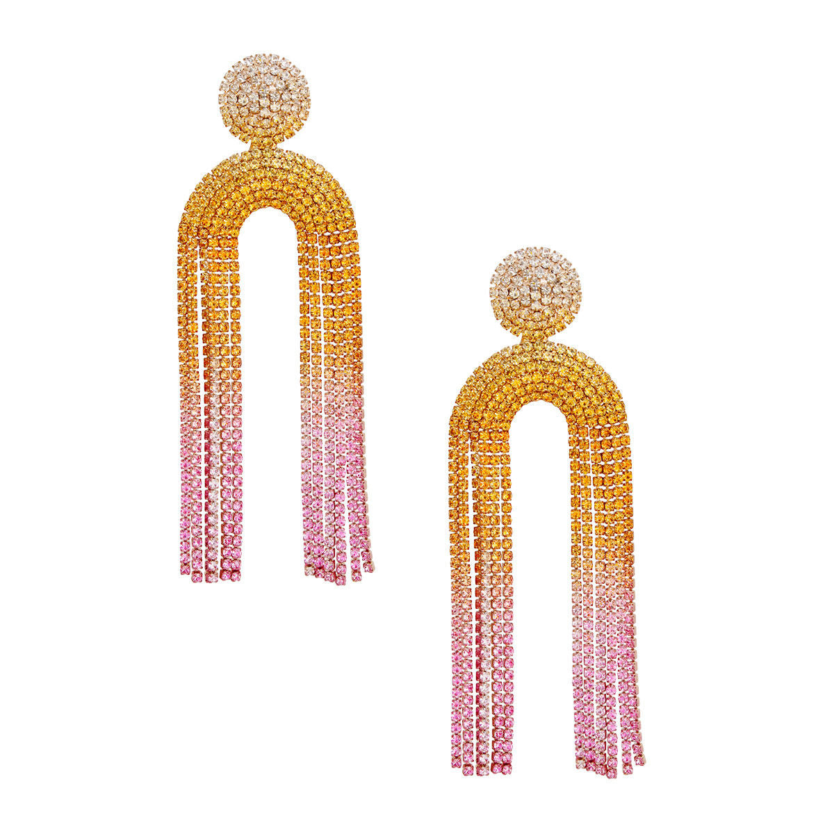Women's Long Fringe Earrings Glam Sunset Gold Metal with Clear, Yellow, to Pink Ombre Gradient Pave Rhinestones Round Stud Earrings with Drop Arched Fringe Tassel Detail. Post Backing.