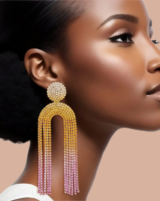 Women's Long Fringe Earrings Glam Sunset Gold Metal with Clear, Yellow, to Pink Ombre Gradient Pave Rhinestones Round Stud Earrings with Drop Arched Fringe Tassel Detail. Post Backing.