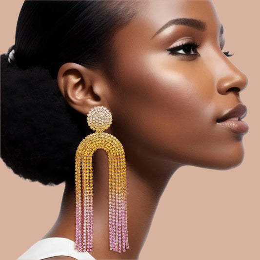 Women's Long Fringe Earrings Glam Sunset Gold Metal with Clear, Yellow, to Pink Ombre Gradient Pave Rhinestones Round Stud Earrings with Drop Arched Fringe Tassel Detail. Post Backing.