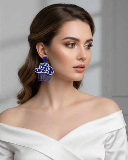 Women's Western Fringe Earrings. Cowgirl Chic Blue Seed Bead Round Stud Earrings Featuring Drop Embroidered Cowboy Hat with White Stars and Blue Rhinestone Fringe Detail. Post Backing. Yeehaw!