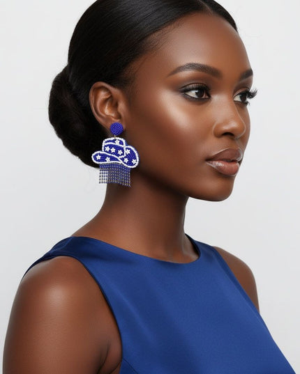 Women's Western Fringe Earrings. Cowgirl Chic Blue Seed Bead Round Stud Earrings Featuring Drop Embroidered Cowboy Hat with White Stars and Blue Rhinestone Fringe Detail. Post Backing. Yeehaw!