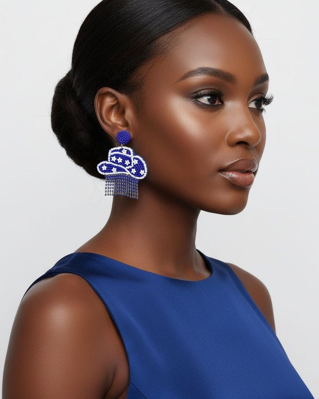 Women's Western Fringe Earrings. Cowgirl Chic Blue Seed Bead Round Stud Earrings Featuring Drop Embroidered Cowboy Hat with White Stars and Blue Rhinestone Fringe Detail. Post Backing. Yeehaw!