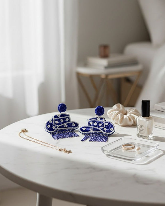 Women's Western Fringe Earrings. Cowgirl Chic Blue Seed Bead Round Stud Earrings Featuring Drop Embroidered Cowboy Hat with White Stars and Blue Rhinestone Fringe Detail. Post Backing. Yeehaw!