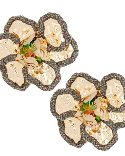 Women's Stud Earrings. Glamorous Garden-Chic Large Textured Gold Metal Dimensional Petal 3D Flower Stud Earrings Featuring Multi Color Rhinestone Encrusted Edging and Mixed Pink Green Crystal Rhinestone Center. Earrings Measure 1.25" Tall. 