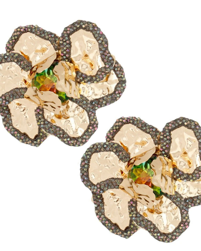 Women's Stud Earrings. Glamorous Garden-Chic Large Textured Gold Metal Dimensional Petal 3D Flower Stud Earrings Featuring Multi Color Rhinestone Encrusted Edging and Mixed Pink Green Crystal Rhinestone Center. Earrings Measure 1.25" Tall. 