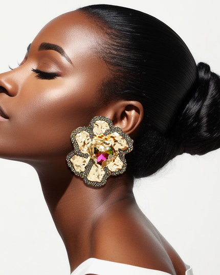 Women's Stud Earrings. Glamorous Garden-Chic Large Textured Gold Metal Dimensional Petal 3D Flower Stud Earrings Featuring Multi Color Rhinestone Encrusted Edging and Mixed Pink Green Crystal Rhinestone Center. Earrings Measure 1.25" Tall. 
