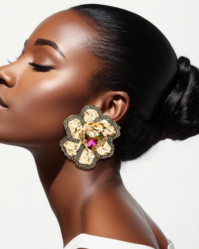 Women's Stud Earrings. Glamorous Garden-Chic Large Textured Gold Metal Dimensional Petal 3D Flower Stud Earrings Featuring Multi Color Rhinestone Encrusted Edging and Mixed Pink Green Crystal Rhinestone Center. Earrings Measure 1.25" Tall. 
