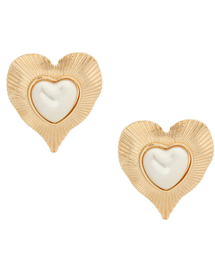 Gold Ribbed Heart Pearl Clip Ons