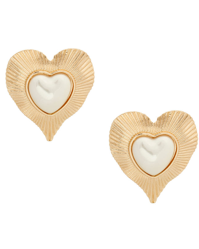 Gold Ribbed Heart Pearl Clip Ons