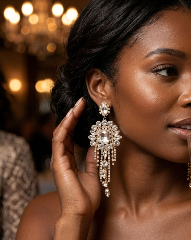 Gold Arched Glass Crystal Chandelier Earrings