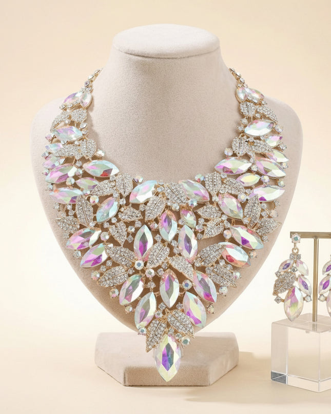Gold Aurbo Glass Marquis Crystal Leaf Bib Necklace