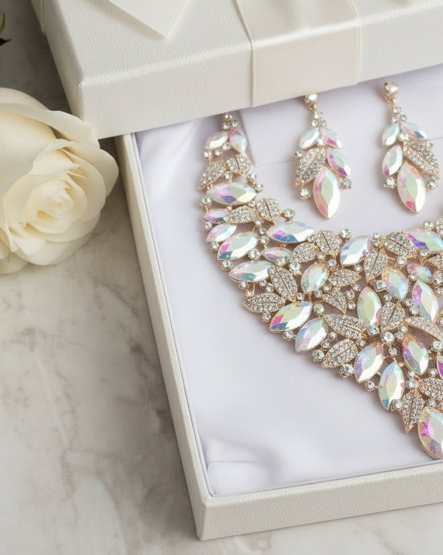 Gold Aurbo Glass Marquis Crystal Leaf Bib Necklace