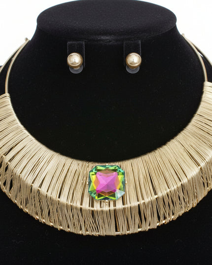 Choker Gold Crystal Wide Rigid Armor Set for Women