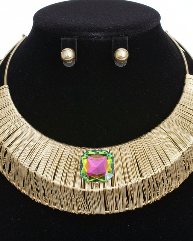 Choker Gold Crystal Wide Rigid Armor Set for Women
